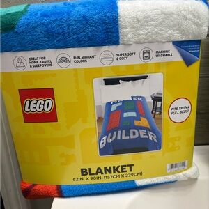 Lego Blue Builder Plush Throw Blanket with Multicolor Brick Accents